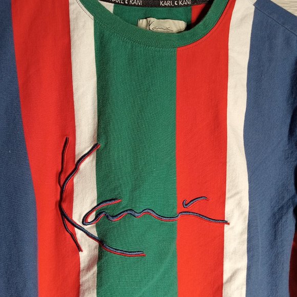 Vintage Karl Kani Embroidered Logo 90s Vertical Stripe T-shirt - Picture 4 of 4